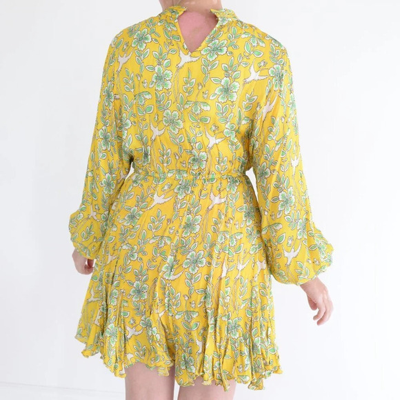 Rhode Resort Ella Printed Long-Sleeve Yellow Floral w Bird Motif Midi Dress M - Picture 3 of 12